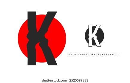 Letter K silhouette on red sun, twisting alphabet. Japanese logo for sushi roll restaurant logo, asian cultural event logotype. Vector logo and typeset