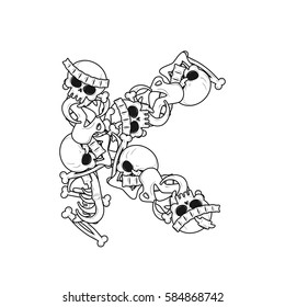 Letter K skeleton Bones Font. Anatomy of an alphabet symbol. dead ABC sign
