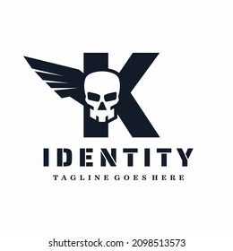 Letter K Skull Wings Logo Design