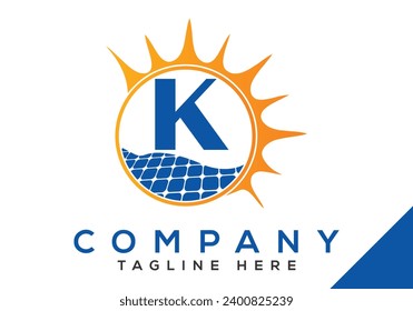 Letter K with solar panel and sun sign Logo Design Vector Template.