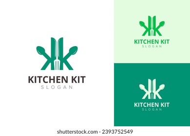 Buchstabe K mit Löffel, Gabel und Messer für Küchenlogo. Logo-Design des Küchenkit