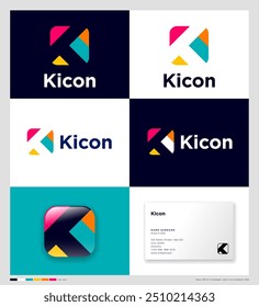 Letra K en cuadrado. Monograma K de tiras negras. Cuadrado multicolor con la letra K. Identidad, tarjeta de visita.
