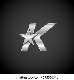 Letter K Star with metallic texture,3d Glossy, metal texture, Silver, steel logotype
