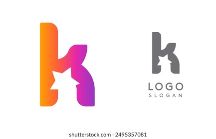 Letter k star, vibrant gradient colored logo for media, entertainment, technology, startup, social networking, communication, digital marketing industries. Vector illustration