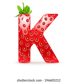 Letter K in strawberry style with green leaves