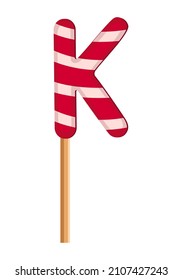 Letter K from striped red and white lollipops. Festive font or decoration for holiday or party. Vector flat illustration