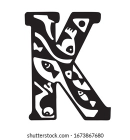  Letra K. Estilizado: peces, patrones dentro de la letra. Ilustración vectorial en blanco y negro. Separe sobre un fondo blanco.