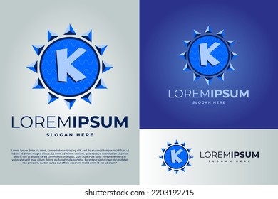 Buchstabe K und Sonne mit Wellen Logo Design Vektorgrafik Vorlage. Logo. Design-Vorlage für Sun-Logo. Logo