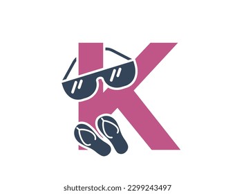 letter k with sunglasses and flip flops. creative vacation alphabet logotype. summer tourism design. isolated vector image