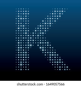 Letter K symbol evenly filled with white dots of various sizes. Vector illustration on blue background
