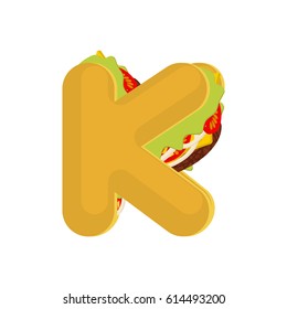 Letter K tacos. Mexican fast food font. Taco alphabet symbol. Mexico meal ABC