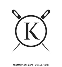Letter K Tailor Logo, Needle and Thread Combination for Embroider, Textile, Fashion, Cloth, Fabric Template