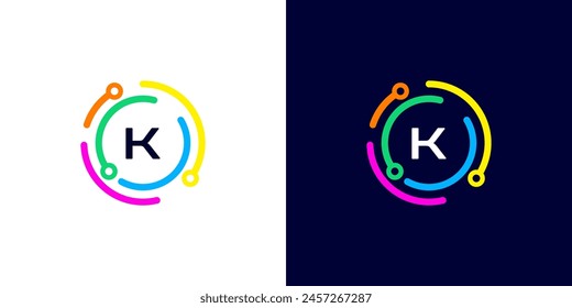 letter K technology logo with colorful connection circuit circle dots for technology,data,internet,computer