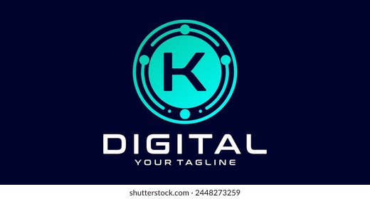 letter K technology logo. Digital font vector design for industry with circuit circles and dots, for digital, technology,data