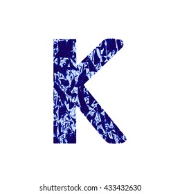 Letter K with  texture.  Alphabet letter in blue colour. Vector illustration with isolated  letter K. Letter K.