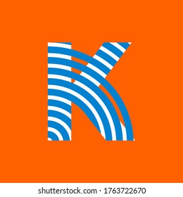 Letter K texture of curved lines in white and blue on orange background for party, editable vector