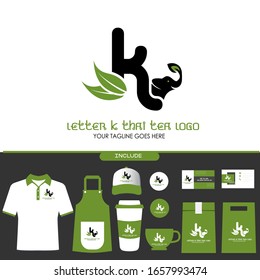 Letter K Thai Tea Vector Logo Design Inspiration for Thai Tea House and Café. Elephant Logo with Tea Leaves Brand Identity Include Shirt. Apron. Hat. Cup. Pin. Business Card. Paper Bag