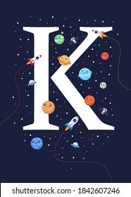 The letter K with the theme of outer space for Children. Letter graphic vector illustration for kids on outer space theme. space kids, letters for children.