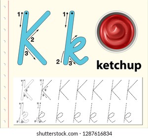 Letter K tracing alphabet worksheets illustration