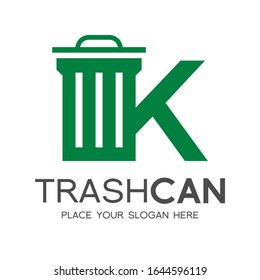 Letter K trash can vector logo template. This design use green color and nature theme. Suitable for recycle, reduce, font and text.