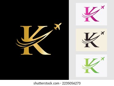 Letter K Travel Logo Concept With Flying Air Plane Symbol