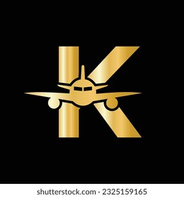 Letter K Travel Logo Concept With Flying Air Plane Symbol