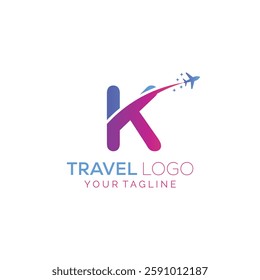 Letter K Travel Logo Design with plane. Icon of K for travel agency logo design.