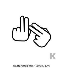 Letter K Universal and handicapped hand alphabet letter. Simple clear linear letter K, hand language. Learning the alphabet, non-verbal deaf-mute communication, expressive gestures vector.