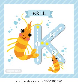 Letter K uppercase cute children colorful zoo and animals ABC alphabet tracing flashcard of Krill for kids learning English vocabulary and handwriting vector illustration.