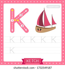 Letter K uppercase cute children colorful transportations ABC alphabet tracing practice worksheet of Ketch for kids learning English vocabulary and handwriting Vector Illustration.