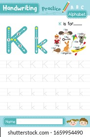 Letter K uppercase and lowercase cute children colorful ABC alphabet trace practice worksheet for kids learning English vocabulary and handwriting layout in A4 vector illustration.