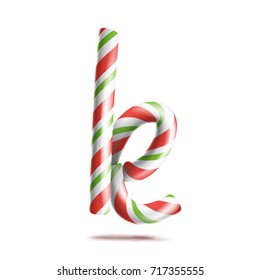 Letter K Vector. 3D Realistic Candy Cane Alphabet Symbol In Christmas Colours. New Year Letter Textured With Red, White. Typography Template. Striped Craft Isolated Object. Xmas Art Illustration