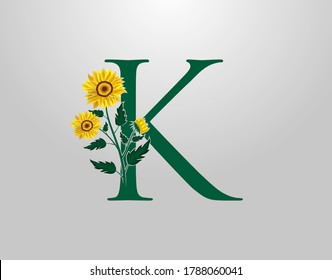 Letter K vector alphabet with sunflower. Flower Plant Logo Icon. Typography design