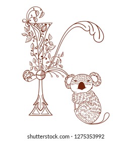 Letter K. Vector letter engraving style with flower and animal. Sketch hand drawn vintage