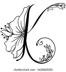 Letter K. Vector hand drawn letter with in full bloom flower. Floral letter for your designs: logo, label, stamp, print, monograms, emblems.