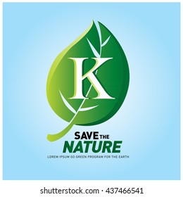 Letter K vector logo and icon save the nature. Go green poster design. Ecology campaign publication