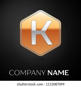 Letter K vector logo symbol in the golden hexagonal on black background. Vector template for your design