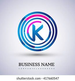 Letter K vector logo symbol in the circle thin line colored blue and red. Design for your business or company identity.
