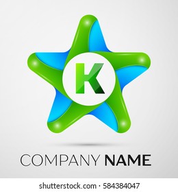 Letter K vector logo symbol in the colorful star on grey background. Vector template for your design