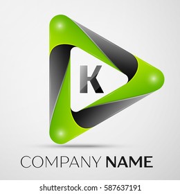 Letter K vector logo symbol in the colorful triangle on grey background. Vector template for your design