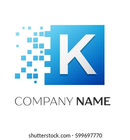 Letter K vector logo symbol in the colorful square with shattered blocks on white background. Vector template for your design