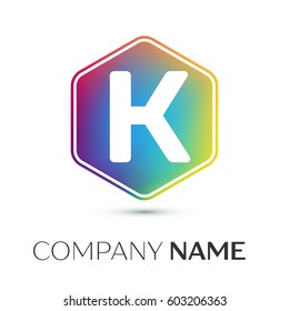 Letter K vector logo symbol in the colorful hexagonal on grey background. Vector template for your design