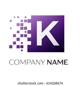 Letter K vector logo symbol in the colorful square with shattered blocks on white background. Vector template for your design