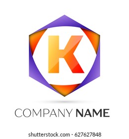 Letter K vector logo symbol in the colorful hexagonal on grey background. Vector template for your design