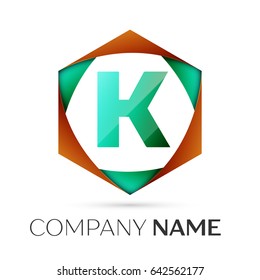 Letter K vector logo symbol in the colorful hexagonal on grey background. Vector template for your design
