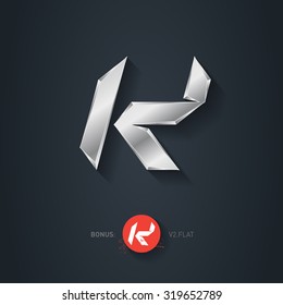 Letter K, Vector silver font. Elegant Template for company logo. Metallic Design element or icon. Pseudo origami style, including flat version.