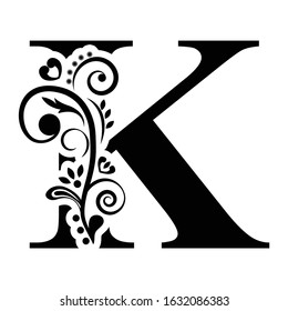 letter K. Vintage black flower ornament initial letters.  Alphabet. Logo vector 