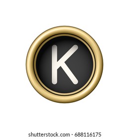 Letter K. Vintage golden typewriter button isolated on white background. Graphic design element for scrapbooking, sticker, web site, symbol, icon. Vector illustration.