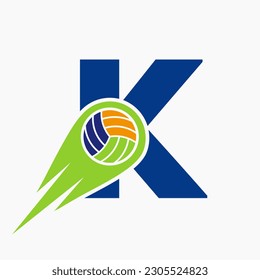Letter K Volleyball Logo Concept With Moving Volley Ball Icon. Volleyball Sports Logotype Template