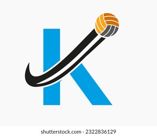 Letter K Volleyball Logo Concept With Moving Volley Ball Icon. Volleyball Sports Logotype Template